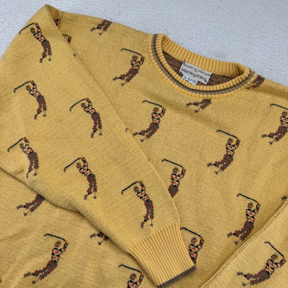 VTG Tricots St. Raphael Bloomingdales Golf Sweater Mens L Yellow AOP USA Made